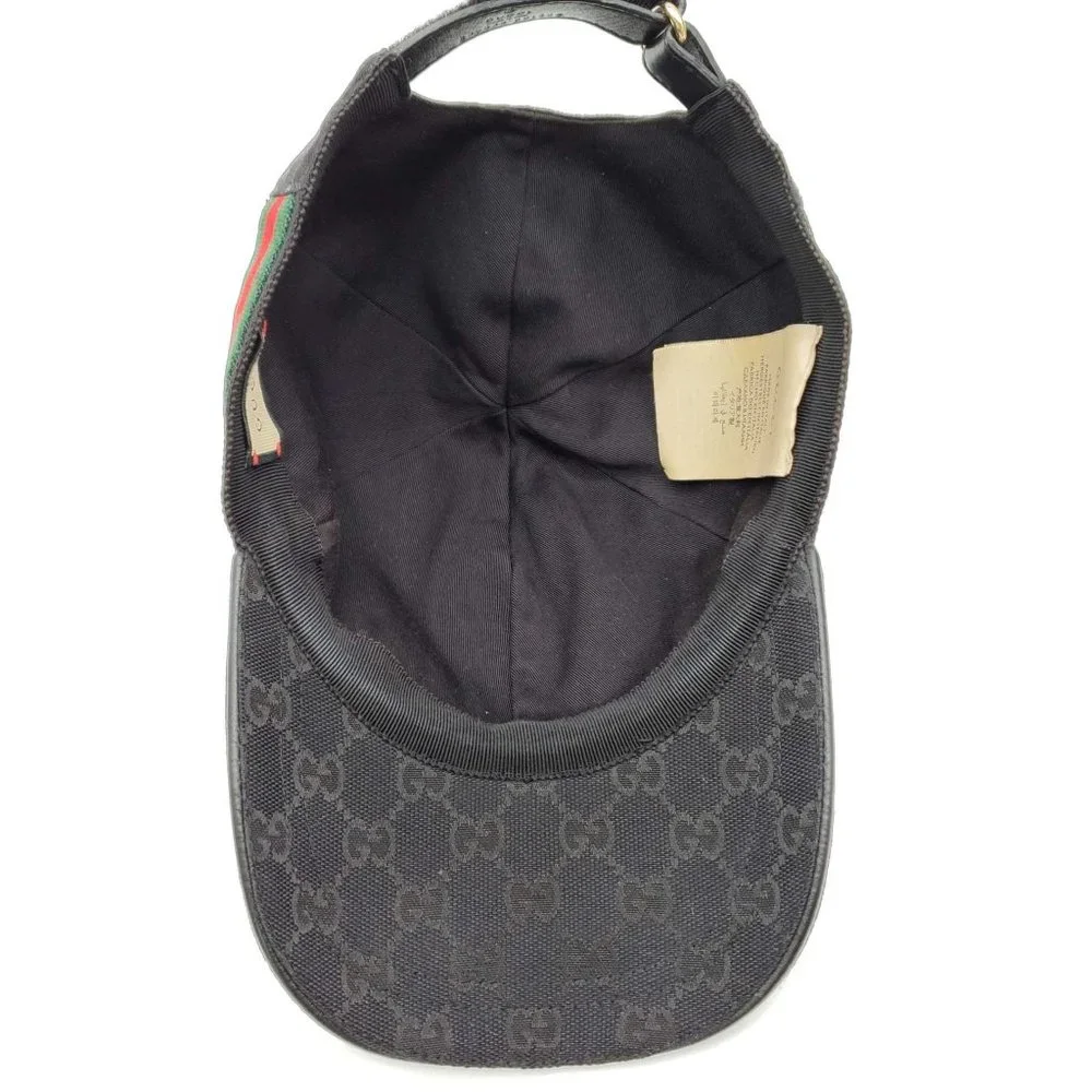 100% Authentic Gucci Cap Black Canvas Leather Hat Unisex - Picture 8 of 11
